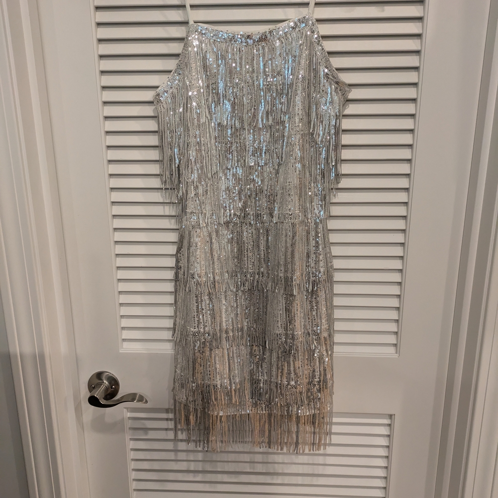 Silver Sequin Fringe Mini Dress Size XS